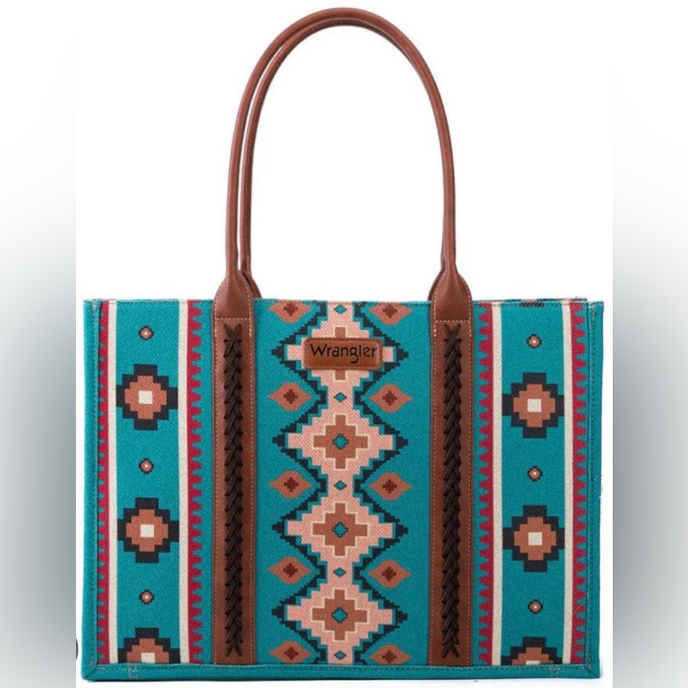 Wrangle Teal, Red and Tan Geometric Tote